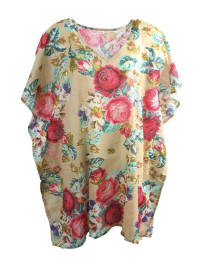 Korte katoenen kaftan in beige met bloemenprint 