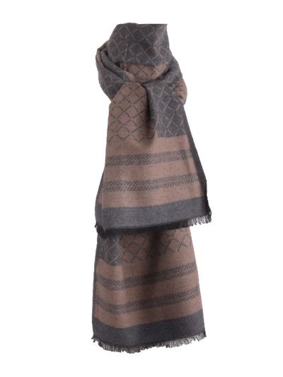 Zachte wol-blend sjaal met mixed print in grijs en beige