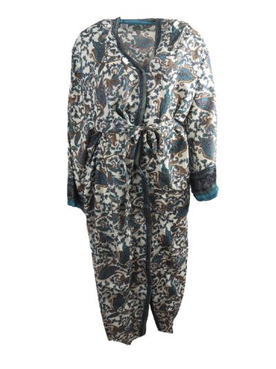 Lange ivoorkleurige zijde-blend kimono met bloemenprint