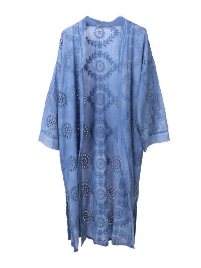 Lange katoenen broderie kimono in jeansblauw