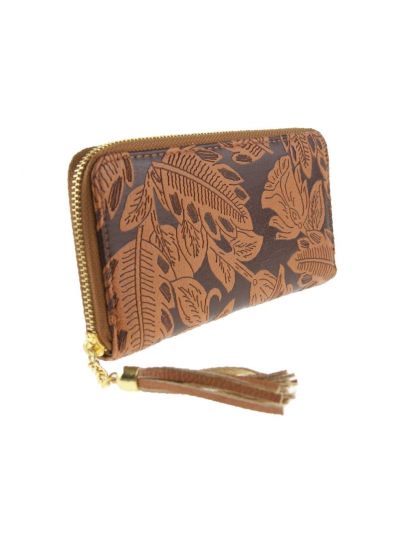 BoFF zip arround portemonnee in het donkerbruin met beige floral reliefprint