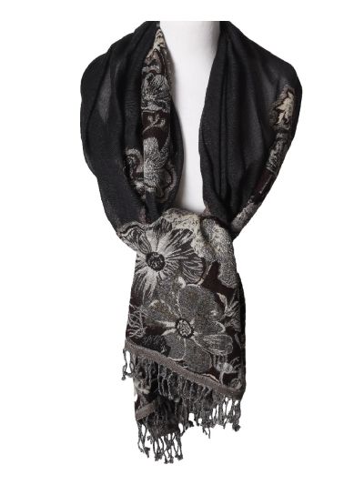 Wollen sjaal met bloemenprint in grijs en bruin