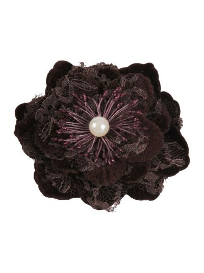 Bruine haarbloem / broche van fluweel en kant