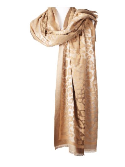 Camelkleurige sjaal/omslagdoek met geweven panterprint