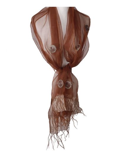 Cognacbruine zijden organza stola met opgestikte details