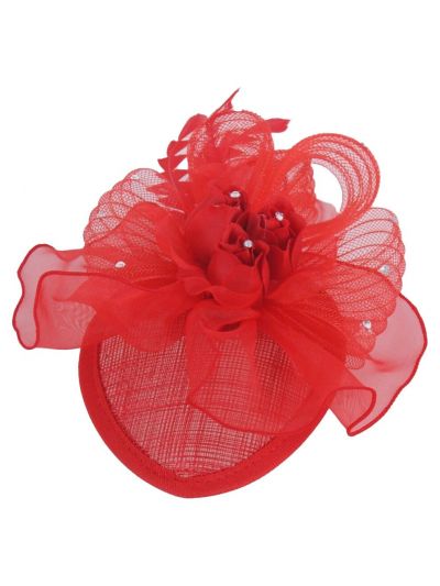 Haarbloem/Corsage in rood met rozen, veertjes en strass