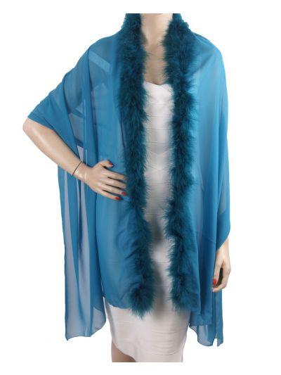 Donker turquoise crêpe voile stola met maraboe veren rand