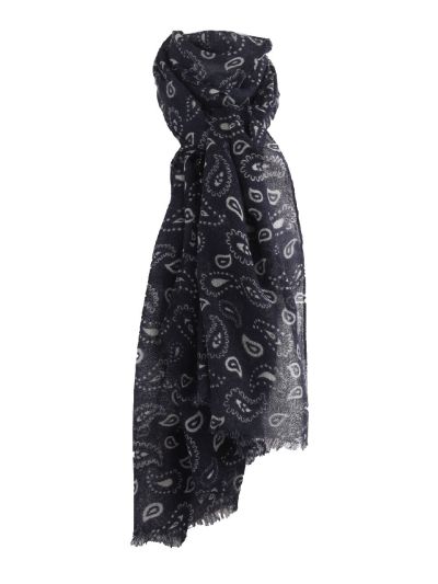 Luchtige donkerblauwe wollen mousseline sjaal met paisley print 