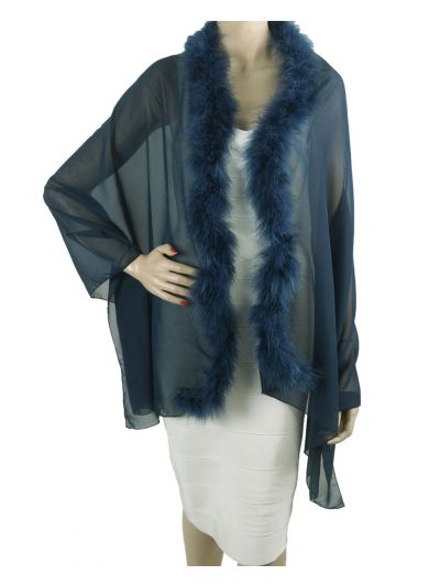 Donkerblauwe crêpe voile stola met veren rand