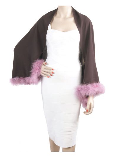 Bolero stola van bruin crêpe voile met poederroze verenrand