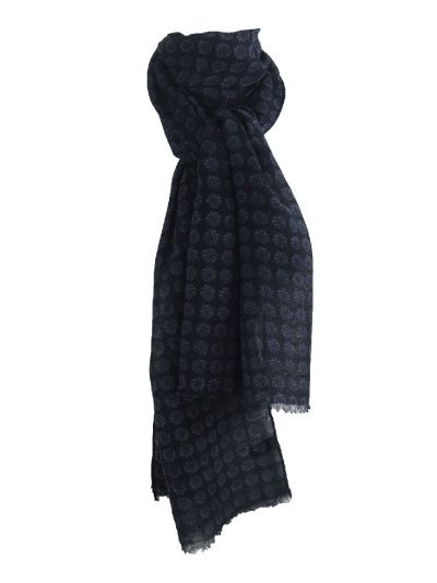 Luchtige donkerblauwe wollen mousseline sjaal met ornament print