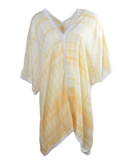 Luchtige kaftan met tie dye motief  in zachtgeel