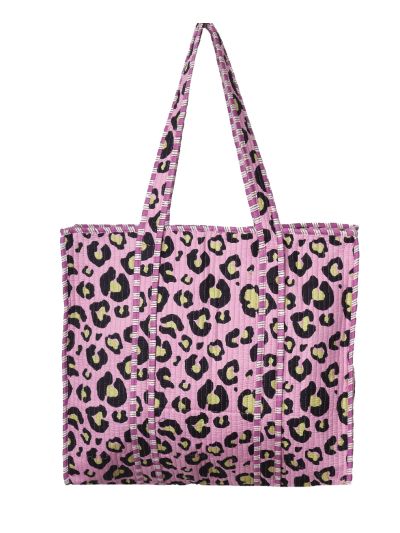 Gewatteerde schoudertas/shopper in roze met luipaardprint