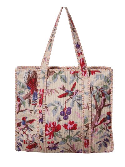 Gewatteerde schoudertas/shopper in lichtbeige met vogelprint 