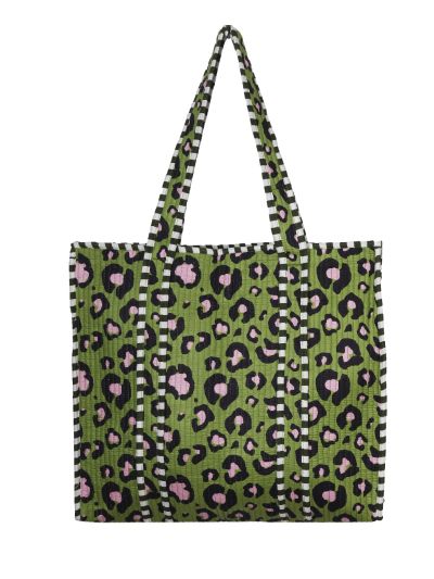 Gewatteerde schoudertas/shopper in groen met luipaardprint