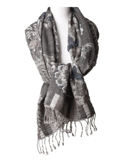 Wollen sjaal in grijs met kralen, pailletten en geweven details