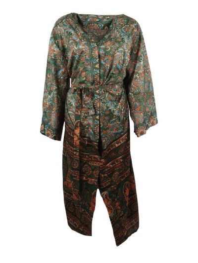 Lange zijde-blend kimono met paisley in groen-tinten