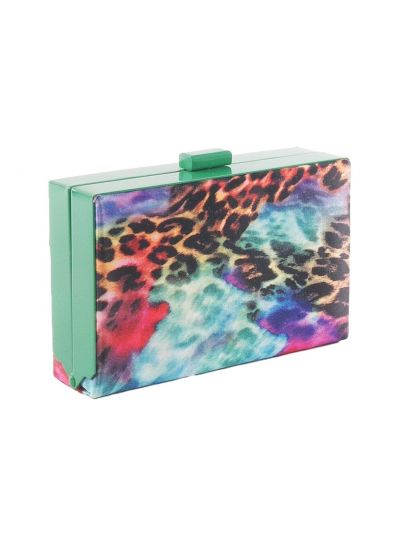 Emeraldgroene box clutch met multicolor panterprint
