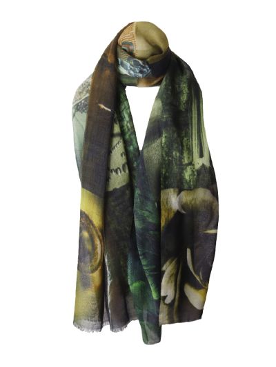 Wollen mousseline sjaal met fotoprint in groen