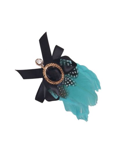 Haaraccessoire / corsage van zeegroene veertjes en een medaillon