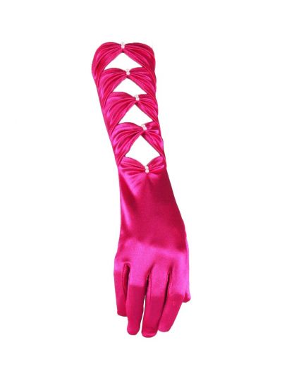 Halflange hot pink satijnen avondhandschoenen met strikken