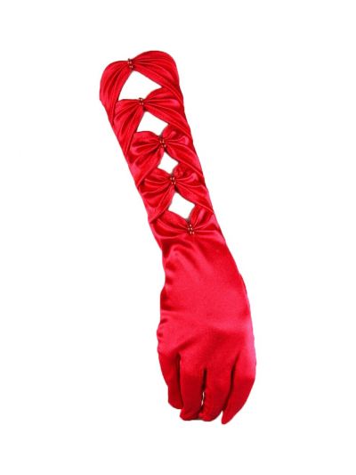 Halflange rode lycra satijnen avondhandschoen met strikken