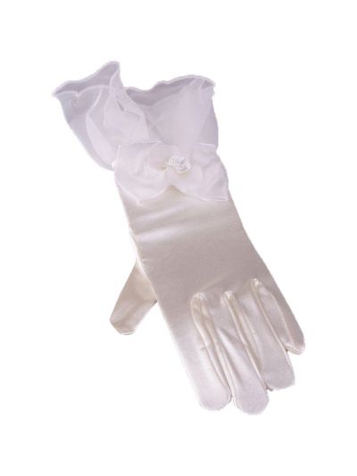 Ivoor satijnen bruidshandschoenen met organza strik en roosje