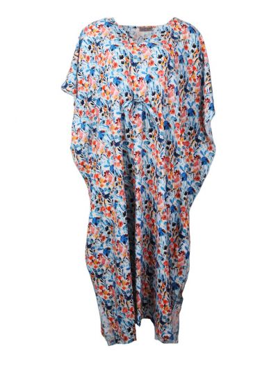 Kaftanjurk met bloemenprint in blauw en bruin-tinten
