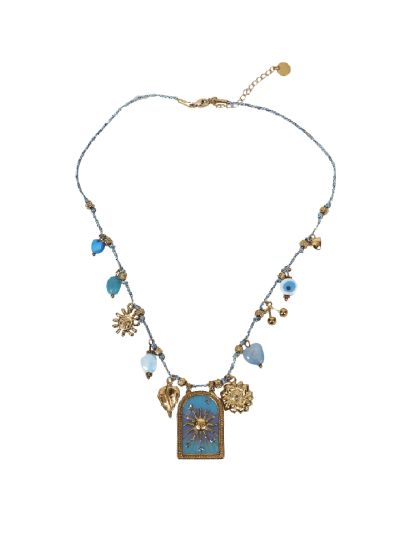 Gevlochten touwketting in turquoise met bedels