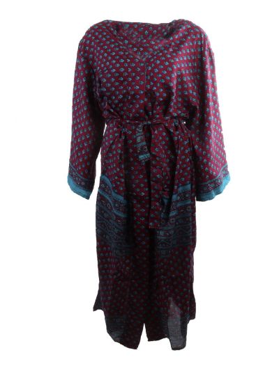 Lange zijde-blend kimono in wijnrood met bloemenprint