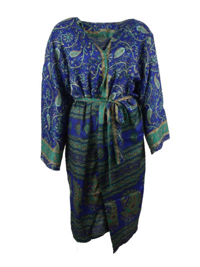 Kobaltblauwe zijde-blend kimono met bloemen