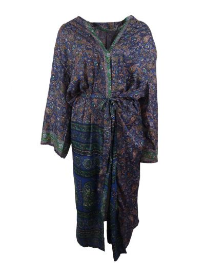Kobaltblauwe lange zijde-blend kimono met paisley print