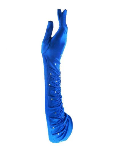 Kobalt lycra satijnen gesmokte avondhandschoen met strass