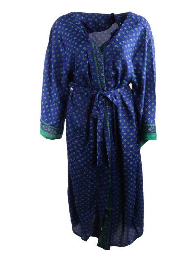 Lange kobaltblauwe zijde-blend kimono met bloemenprint