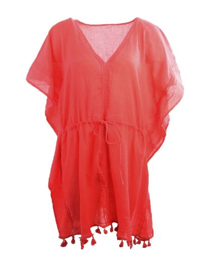 Katoenen korte kaftan in koraalroze met V-hals