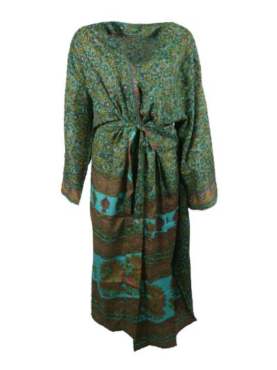 Turquoise lange zijde-blend kimono met paisley