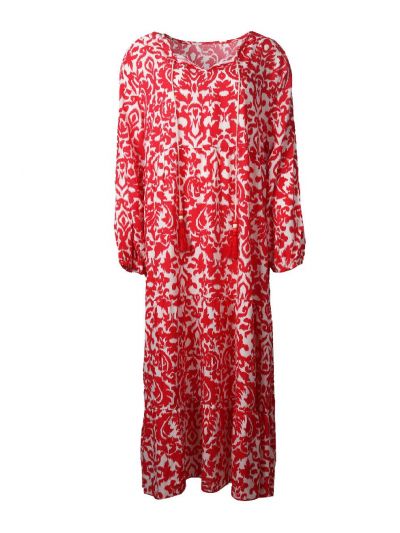 Lange jurk met rode ornament print en kwastjes