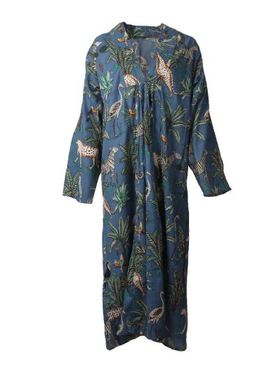 Lange strandjurk in denimblauw met dierenprint