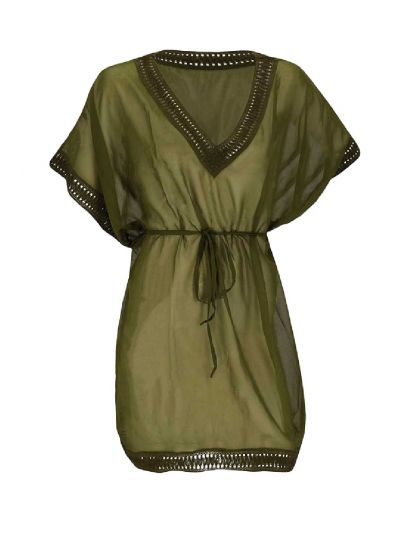 Korte voile kaftan in legergroen met V-hals