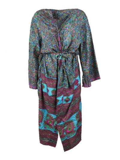 Aqua-blauwe lange zijde-blend kimono met paisley