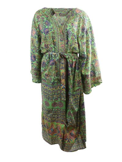 Lange zijde-blend kimono in limegroen met bloemenprint 