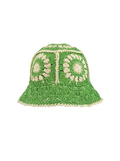 Gehaakt strohoedje met bloemmotief in groen