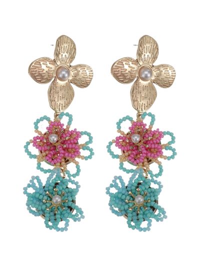 Lina oorbellen met bloemen in turquoise-roze