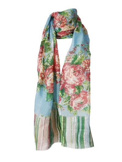 Linnen sjaal in turquoise met rozenprint