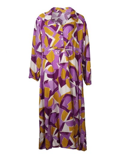 Maxi-jurk met grafische print in okergeel en paars