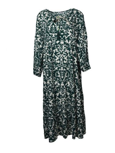 Lange jurk met groene ornament print en kwastjes