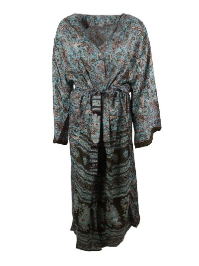 Lange zijde-blend kimono in mintgroen met paisley print