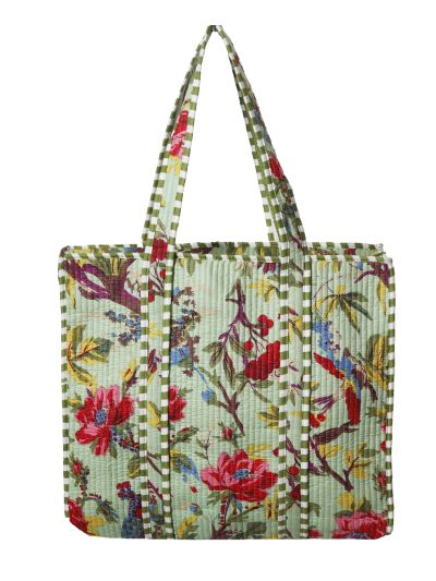 Gewatteerde schoudertas/shopper in mintgroen met vogelprint 