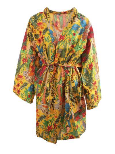 Korte okergele katoenen kimono met Frida Kahlo print