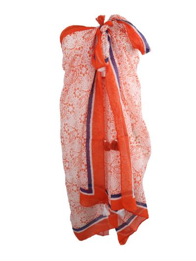 Oranje pareo met bloemenprint en kwasten franjes